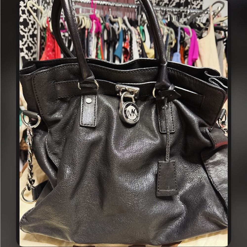 Michael Kors Black Leather Tote with Signature MK Charm